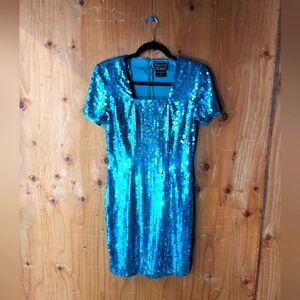 Stenay Vintage Turquoise Sequin Lined Midi Sheath Dress Women's Size 6